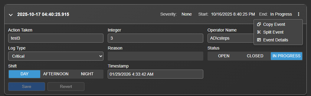 A card header with its action menu open, listing Copy Event, Split Event, and Event Details